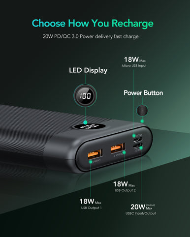 30000mAh 20W Fast Charging Power Bank with LED Display