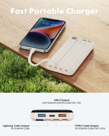 Charmast 20000mAh Power Bank with Built-in Cables | USB C Battery Pack