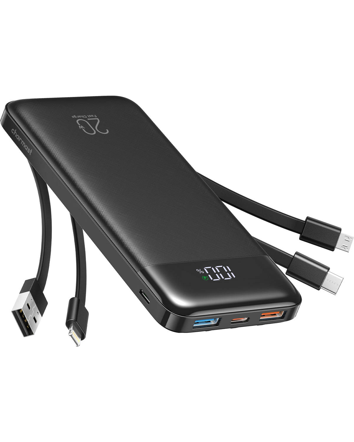 Charmast 20000mAh Power Bank with Built-in Cables | USB C Battery Pack