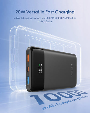 Charmast 10000mAh 22.5W Built-in Cables | Ultra Slim | LED Display Power Bank