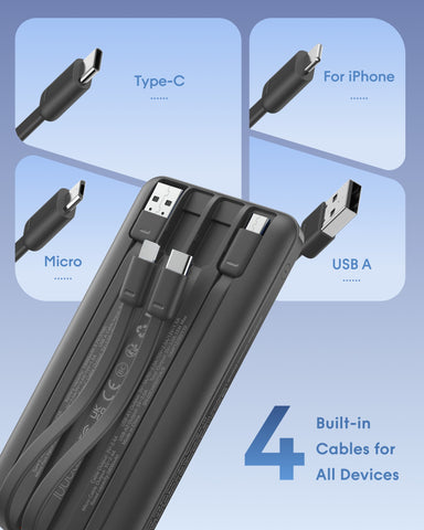 Charmast 10000mAh 22.5W Built-in Cables | Ultra Slim | LED Display Power Bank