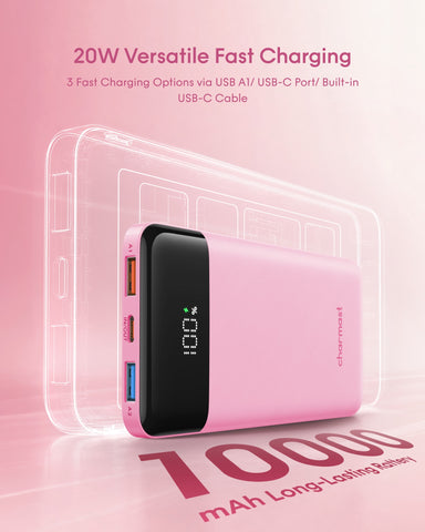 Charmast 10000mAh 22.5W Built-in Cables | Ultra Slim | LED Display Power Bank