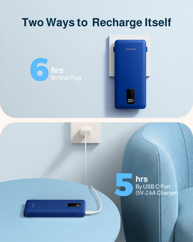 10000mAh Portable Charger with AC Plug and Built-in Cables