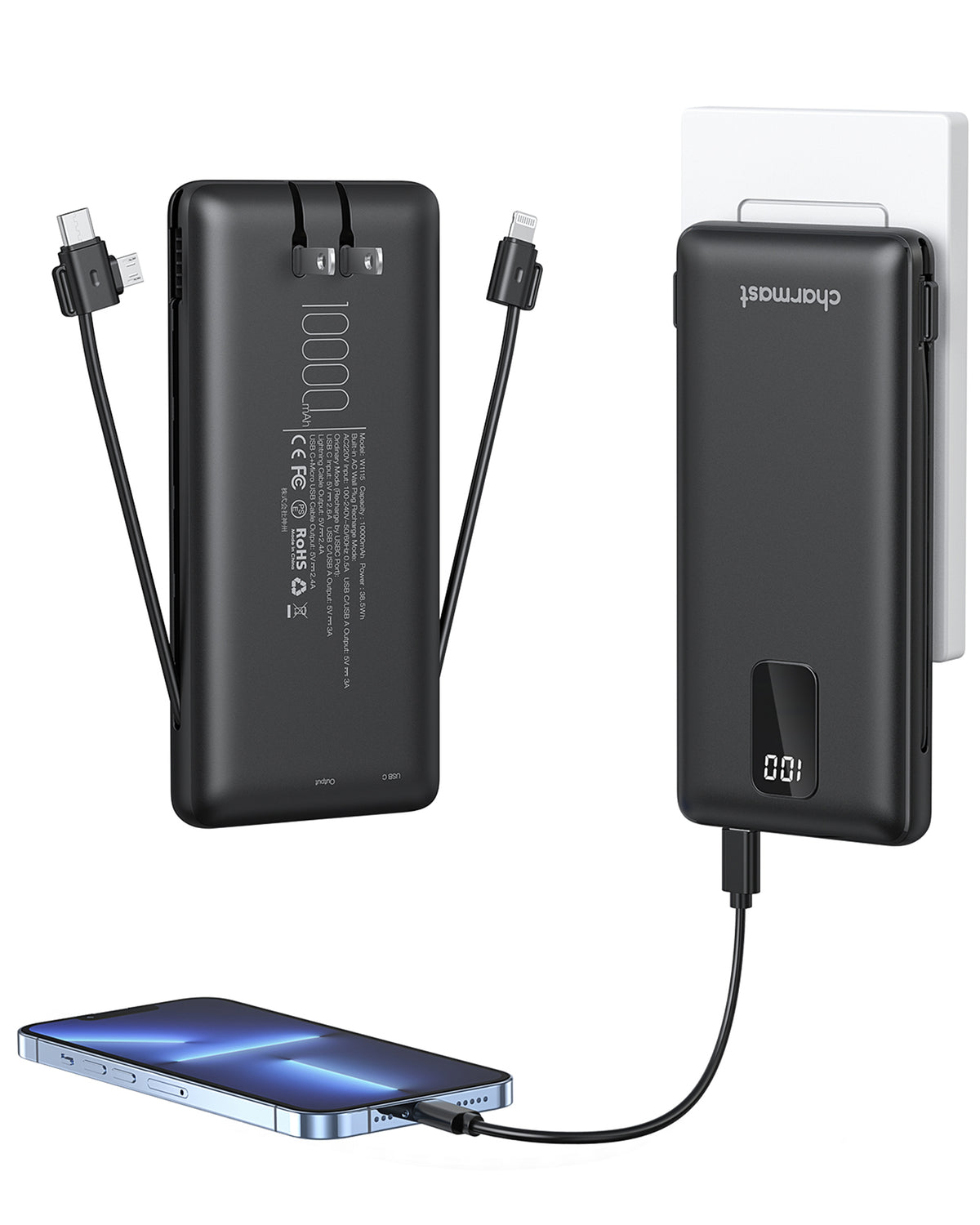 Charmast Built-in AC Plug & Cables 10000mAh Power Bank